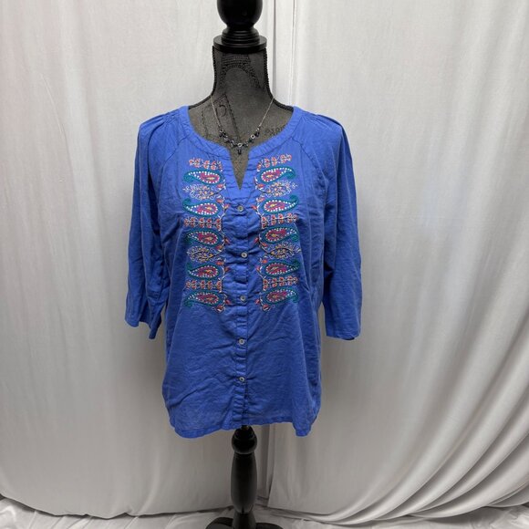 Khakis and Co Cotton Top Womens Size Medium Blue Embroidered Paisley Tunic Boho - Picture 1 of 8